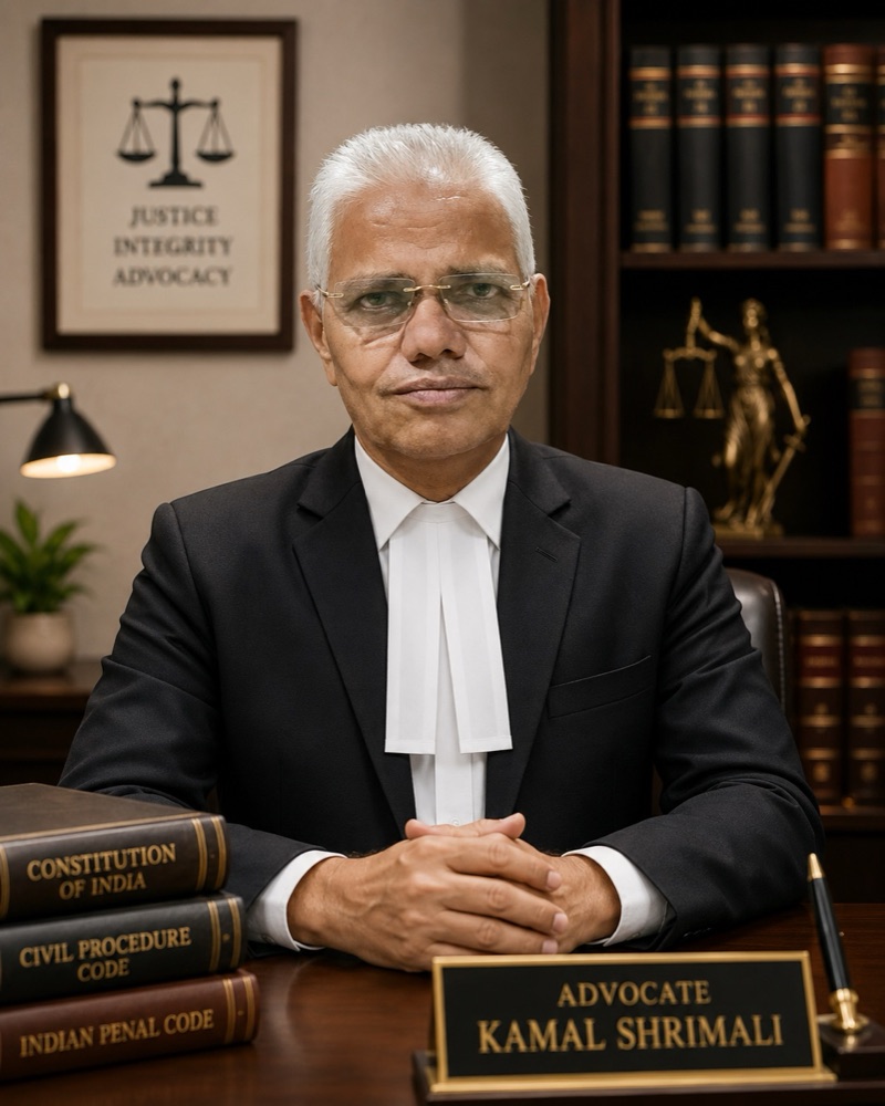 Advocate Kamal Shrimali in court robes at his chamber desk in Falna, Rajasthan, with the Constitution of India, Civil Procedure Code and Indian Penal Code before him